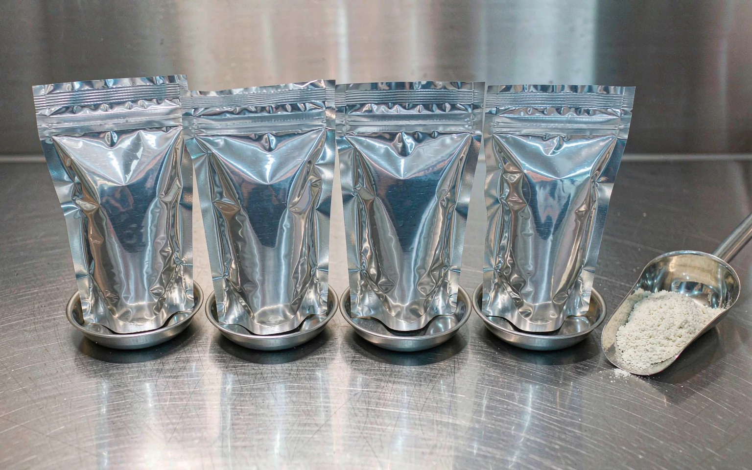 Sealed foil sample pouches of white protein powder standing on a stainless steel bench, each on its own tray