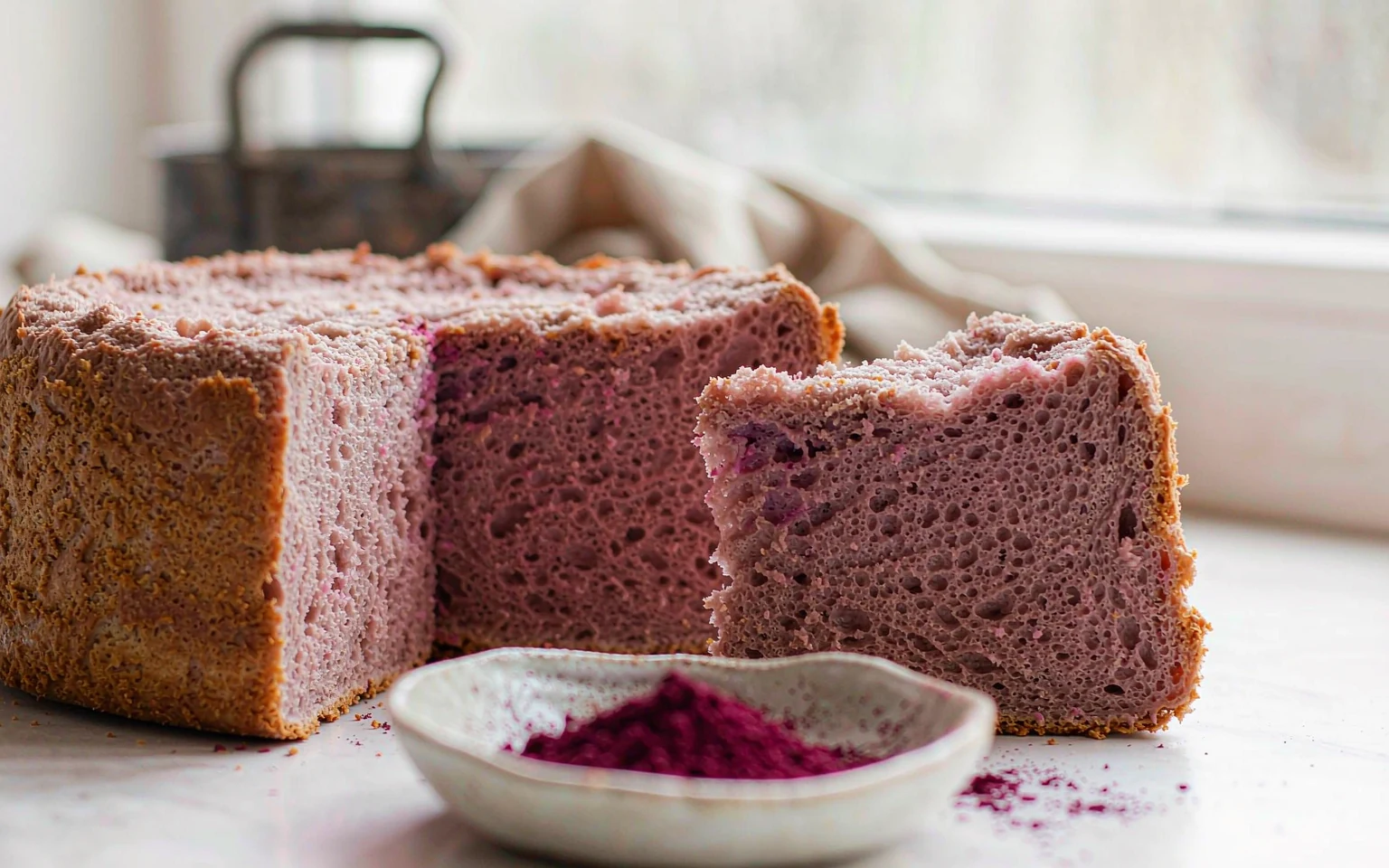A baked sponge cake cut open to show a pink crumb, with a small dish of beetroot powder beside it on a marble surface