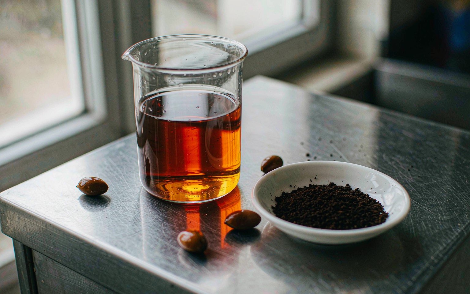 A beaker of water turned deep orange by dissolved annatto colour, beside a dish of dark reddish brown annatto powder and whole annatto seeds