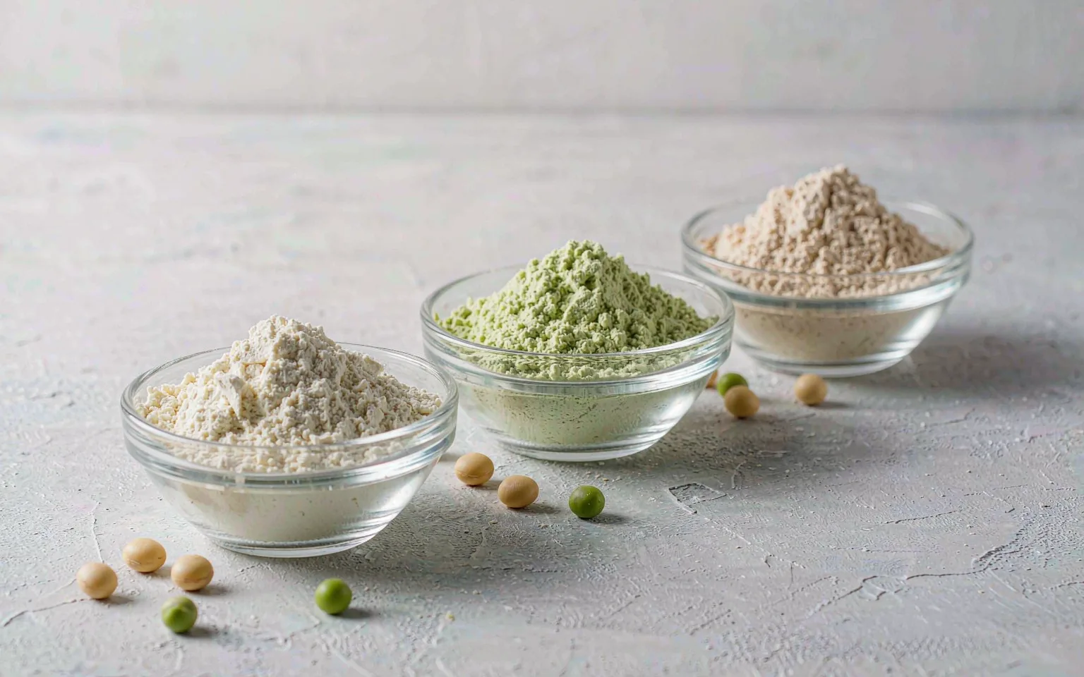 Soy, pea and yeast protein powders in three glass bowls