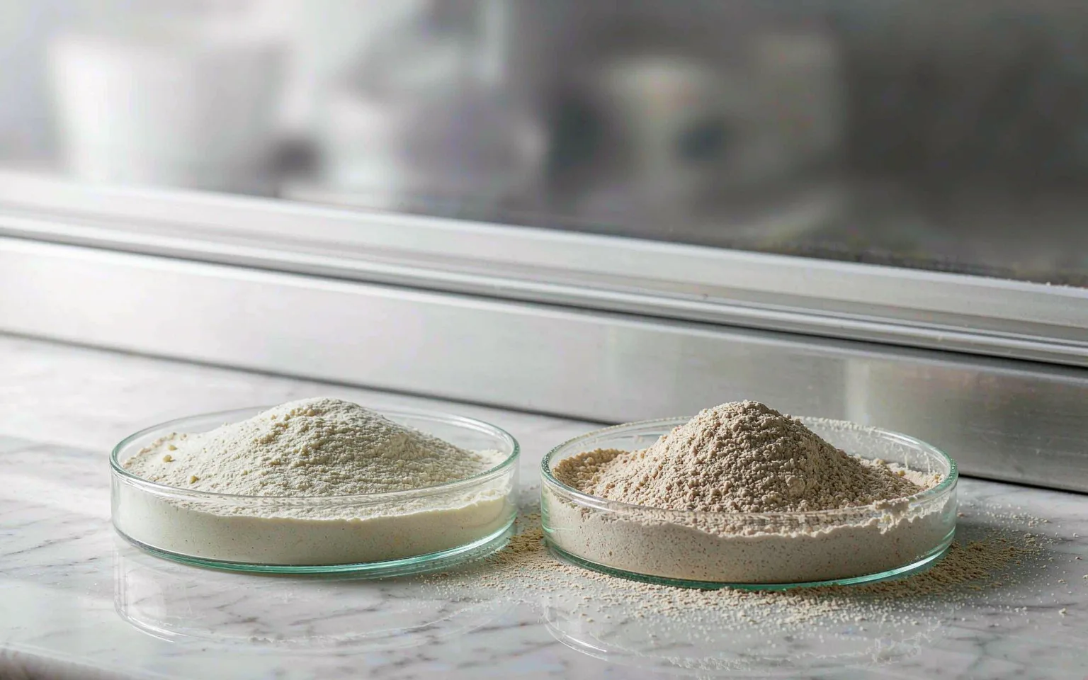 Yeast protein and whey protein powder side by side in glass dishes
