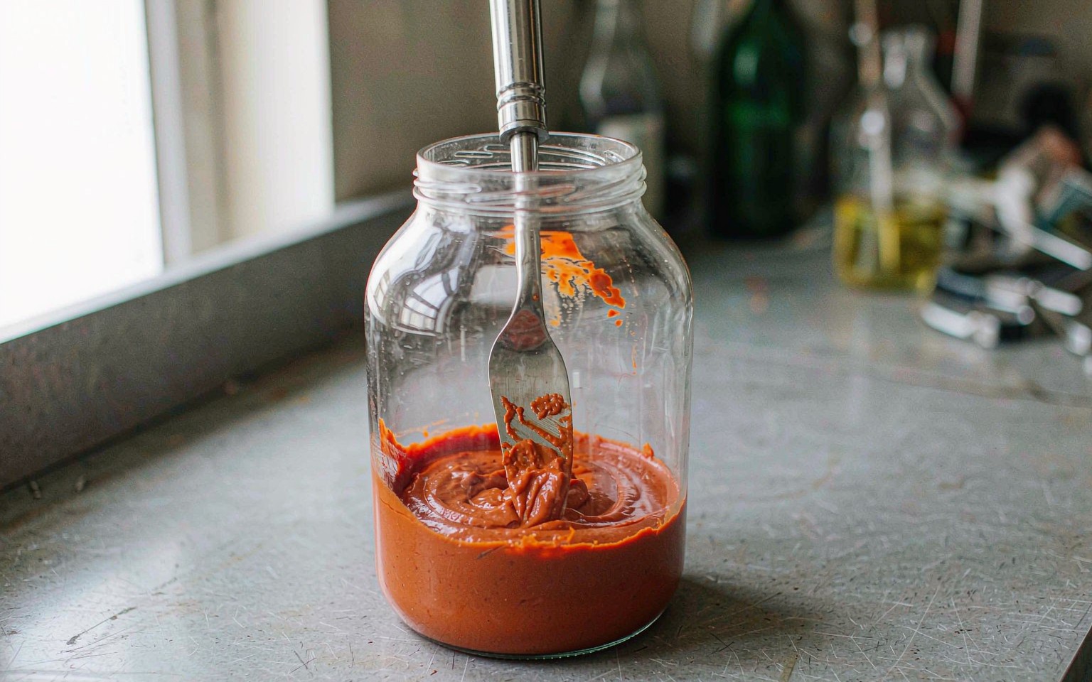 Beta Carotene 1 A viscous orange red beta carotene suspension being poured from a stainless jug into a beaker