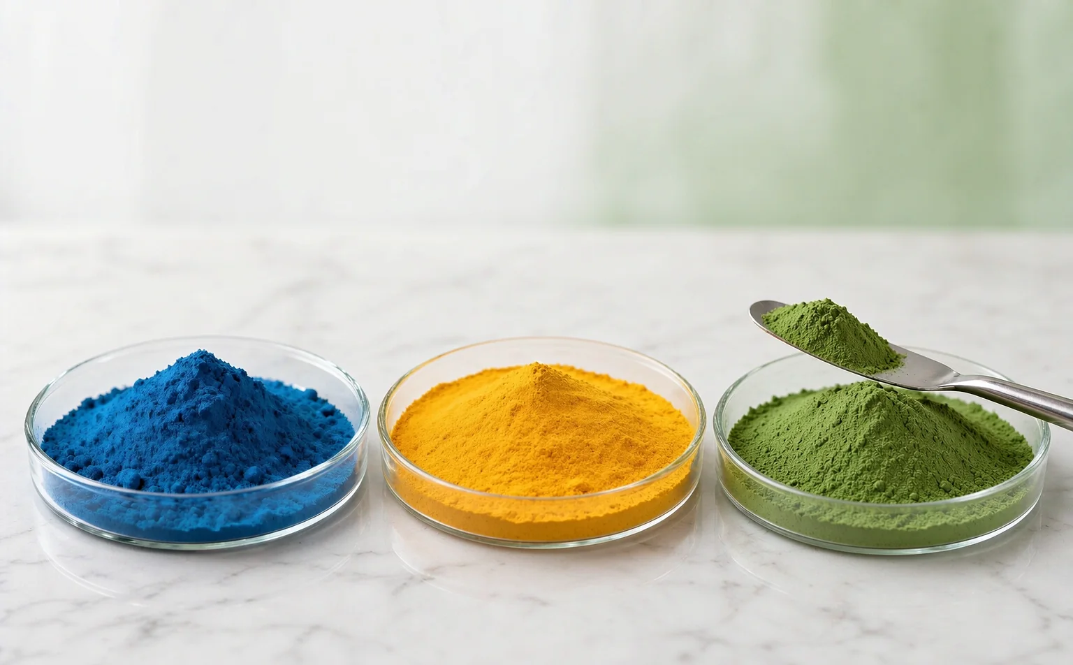 Natural food colour blending: royal blue spirulina extract powder and golden turmeric oleoresin powder beside a green blended powder