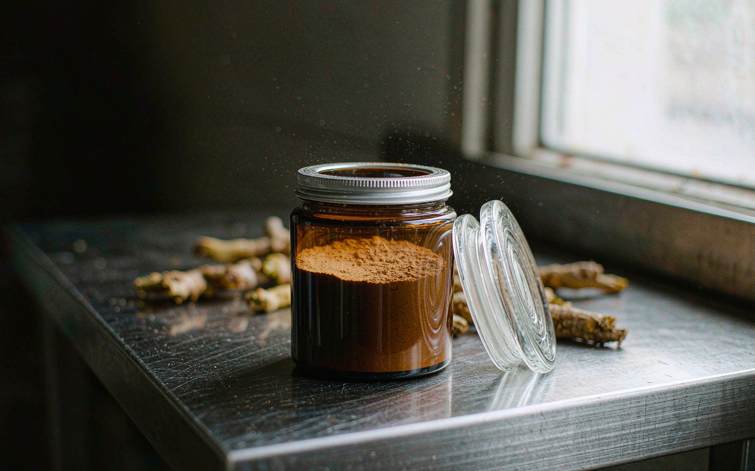 Curcumin Extract 1 Curcumin extract powder in an amber glass jar with the lid resting beside it, next to dried turmeric pieces