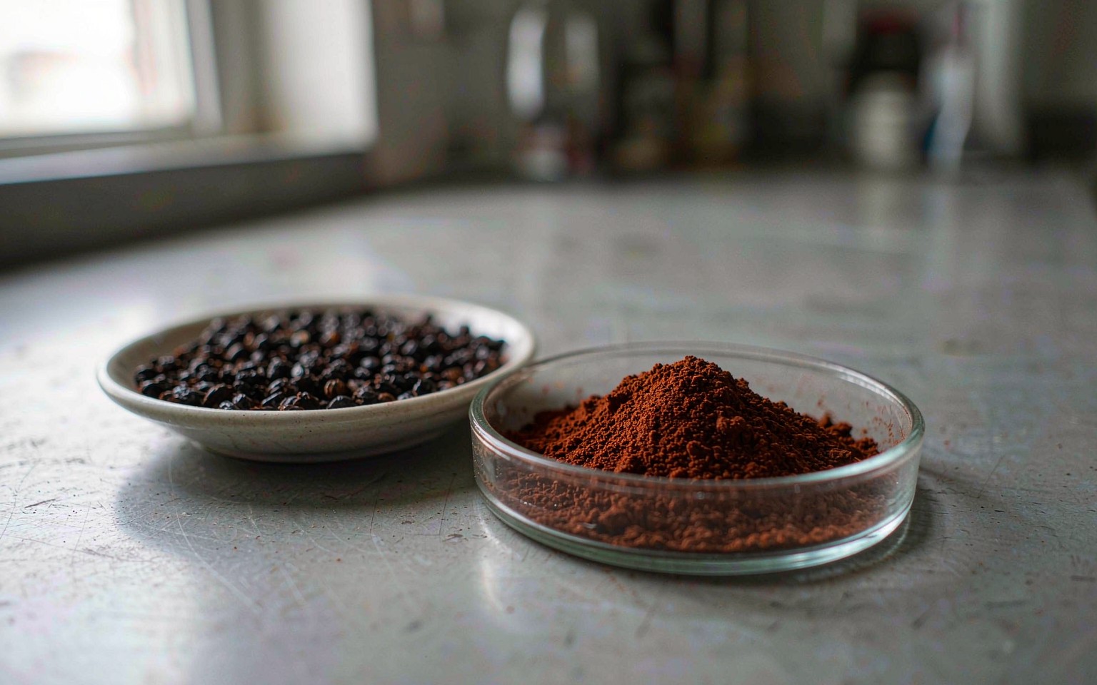 Fine red brown grape seed extract powder in a glass dish beside a handful of small dried grape seeds