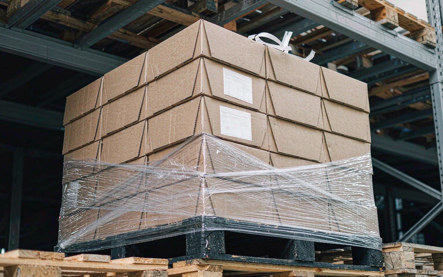 Lycopene 2 Kraft export cartons stacked on a wooden pallet and wrapped in stretch film in a warehouse