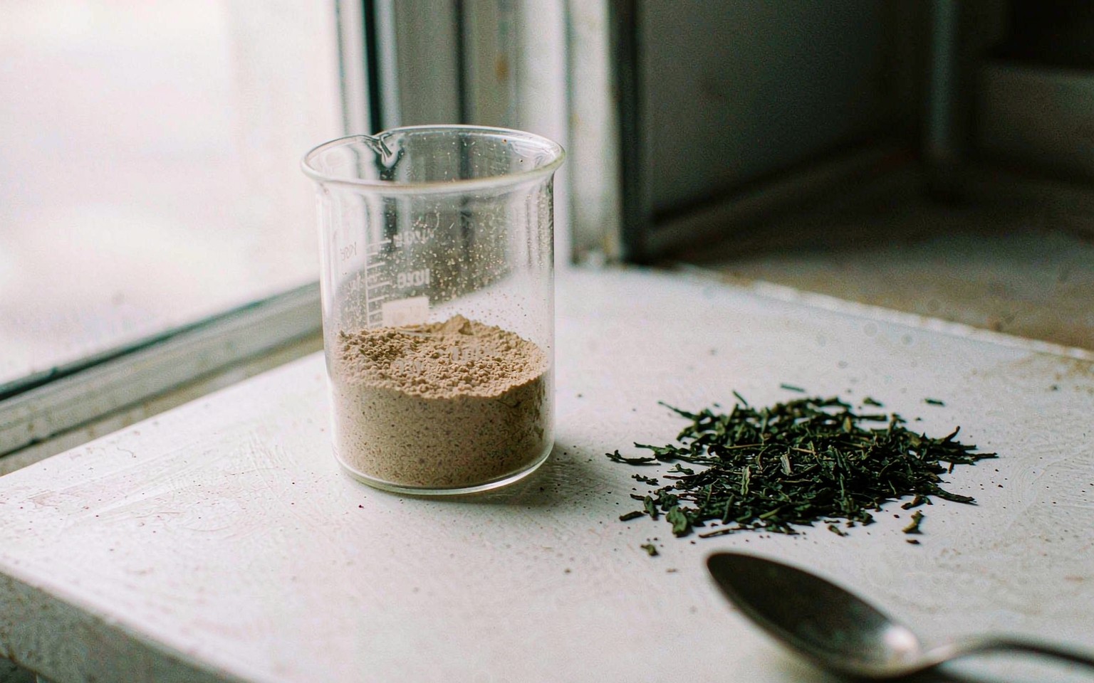 L-Theanine 1 A glass beaker of light brown tea extract powder standing beside a small pile of dried green tea leaves