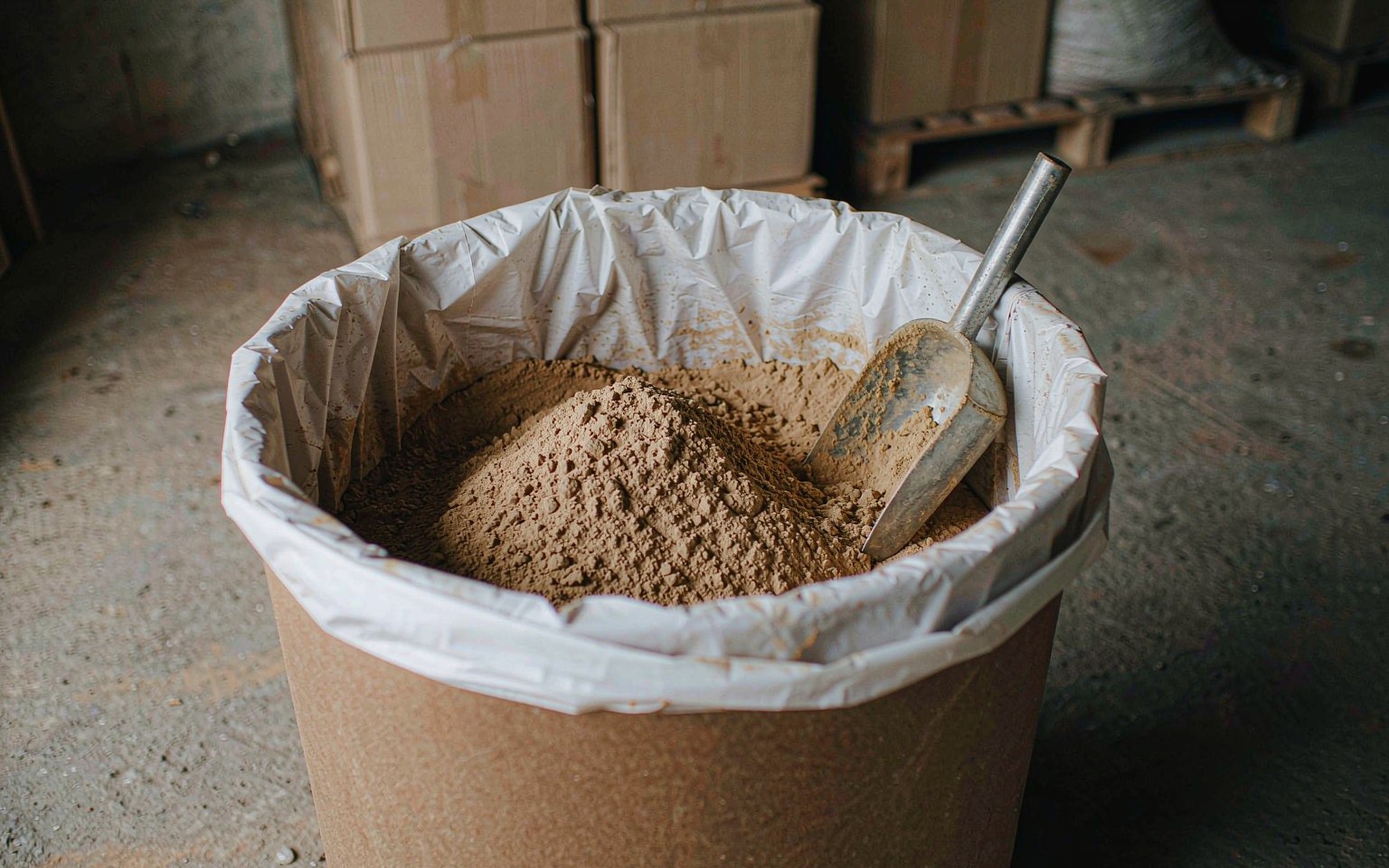 L-Theanine 2 An open fibre drum of light brown plant extract powder with a white liner, a stainless scoop resting inside