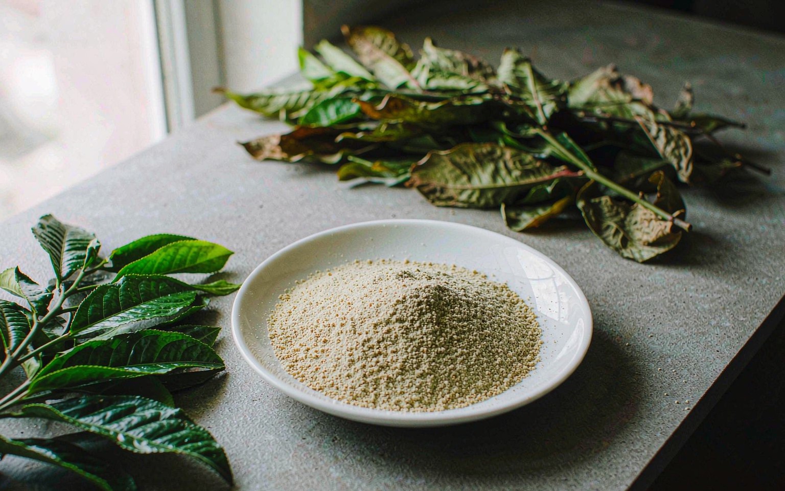 Light brown green tea extract powder in a white bowl beside fresh tea leaves and a dried leaf