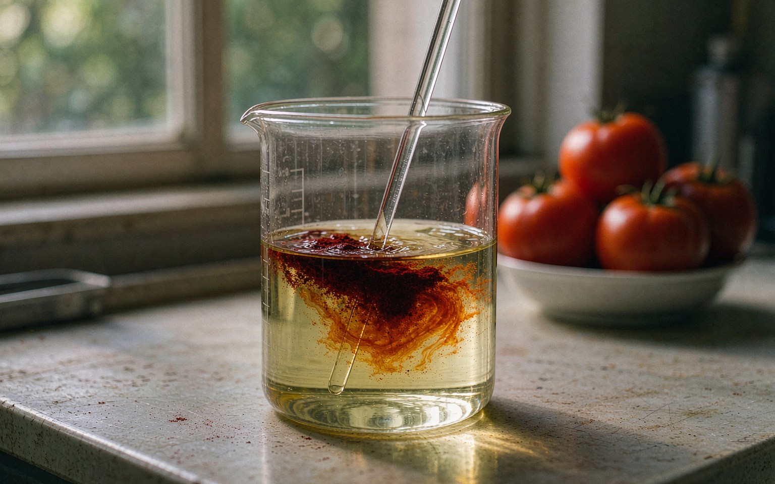 Lycopene powder dispersing into pale cooking oil in a glass beaker with a glass rod, a bowl of ripe tomatoes behind