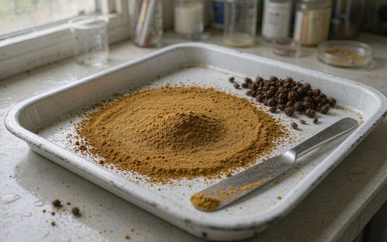 Milk Thistle Extract 1 Yellowish brown milk thistle extract powder spread across a white enamel tray with a stainless spatula