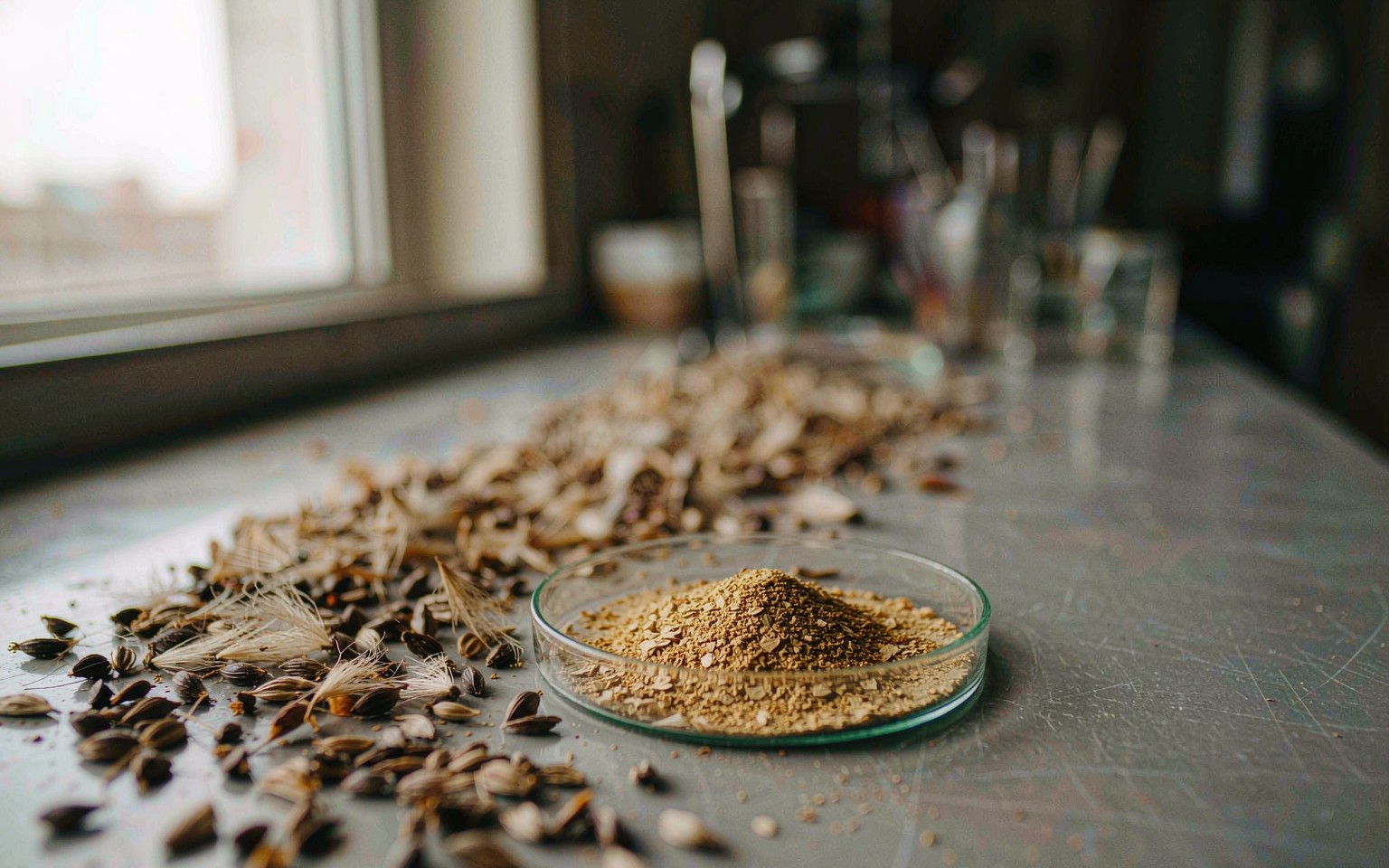 Pale yellowish brown milk thistle extract powder in a small glass dish beside scattered dried milk thistle seeds