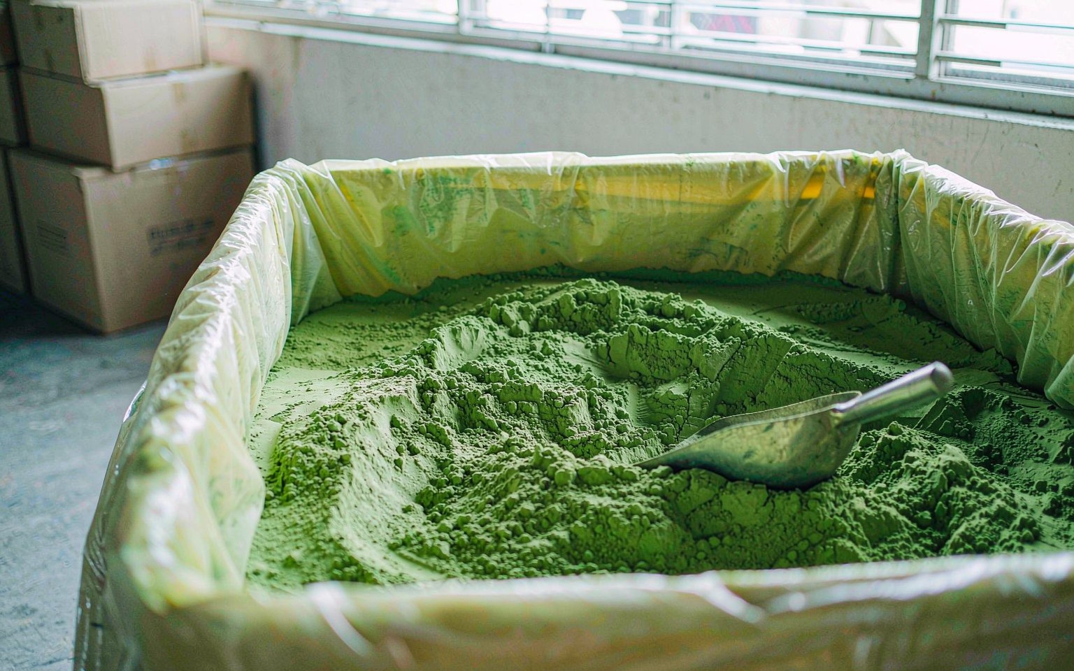 An open food grade bag of green moringa leaf powder with a stainless steel scoop resting in the powder