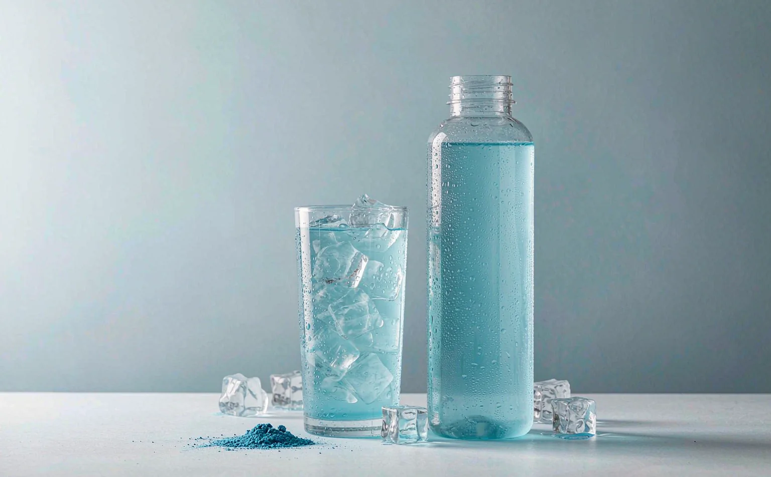 Blue sports drink coloured with a natural blue pigment, shown with the bottle and a pinch of blue powder