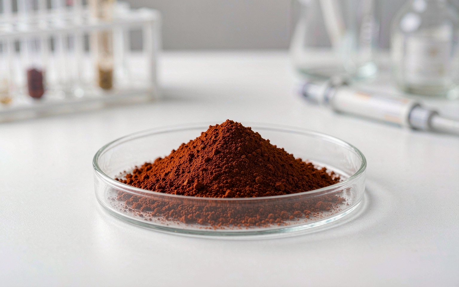 Reddish brown rhodiola rosea extract powder in a glass petri dish on a laboratory bench