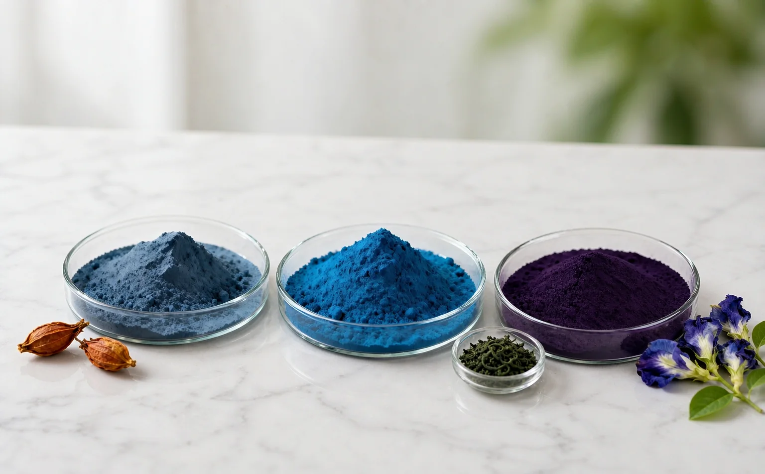 Natural blue pigments for food compared: gardenia blue powder with dried ridged gardenia fruit, spirulina extract phycocyanin powder with spirulina algae, and deep violet butterfly pea flower extract powder with fresh butterfly pea flowers