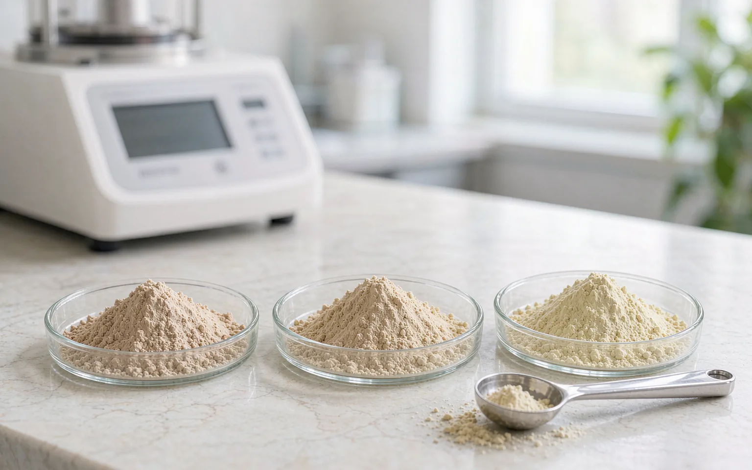 Three glass dishes of yeast protein powder at different grades on a laboratory bench, moisture analyzer in the background