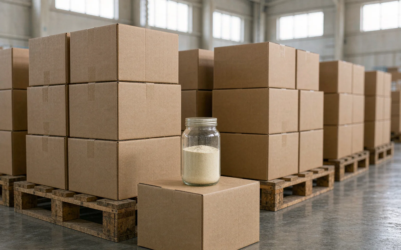 Export cartons on pallets in a warehouse with a glass jar of yeast protein powder in the foreground