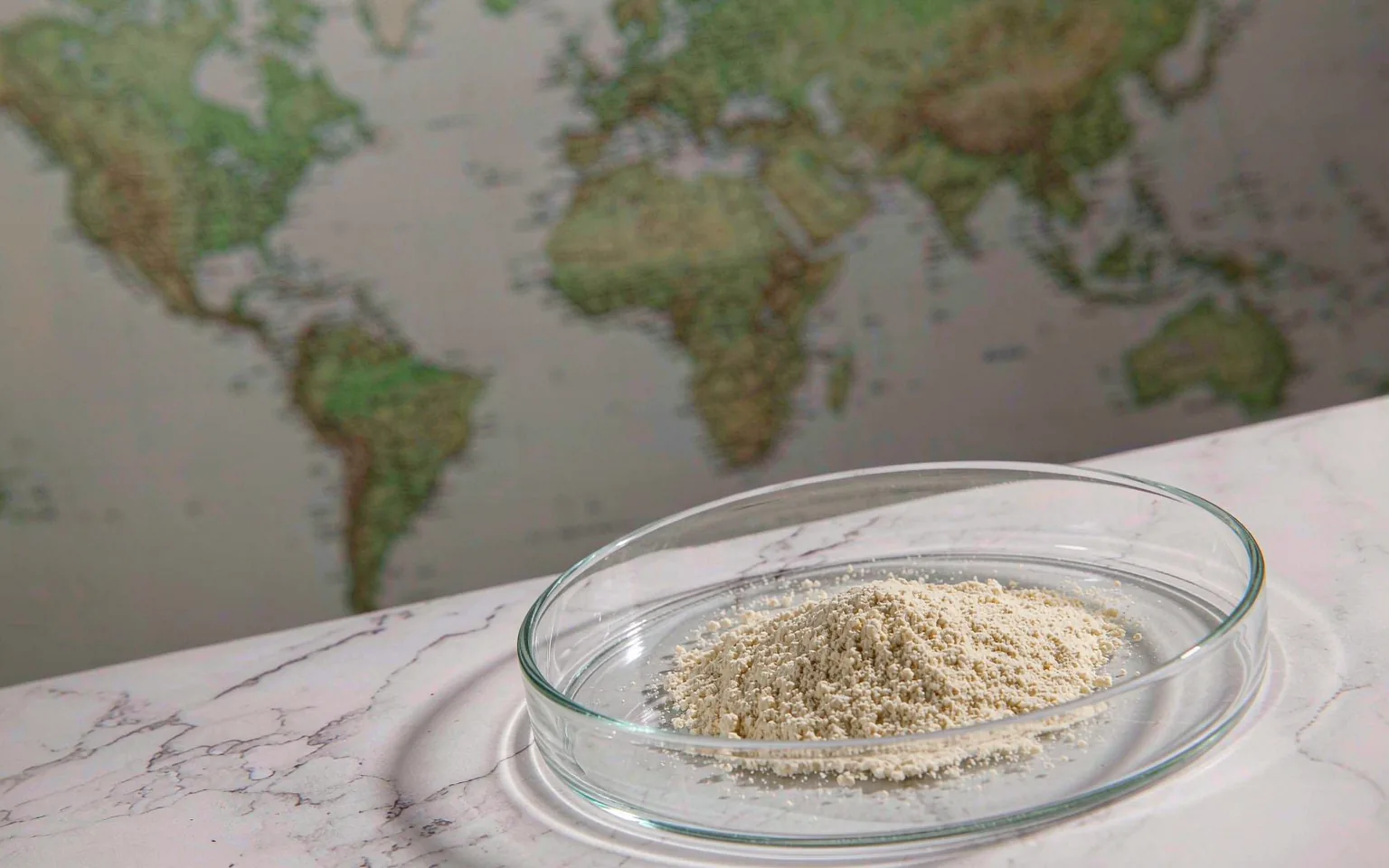 A petri dish of yeast protein powder in front of a blurred world map, representing regulatory status across export markets