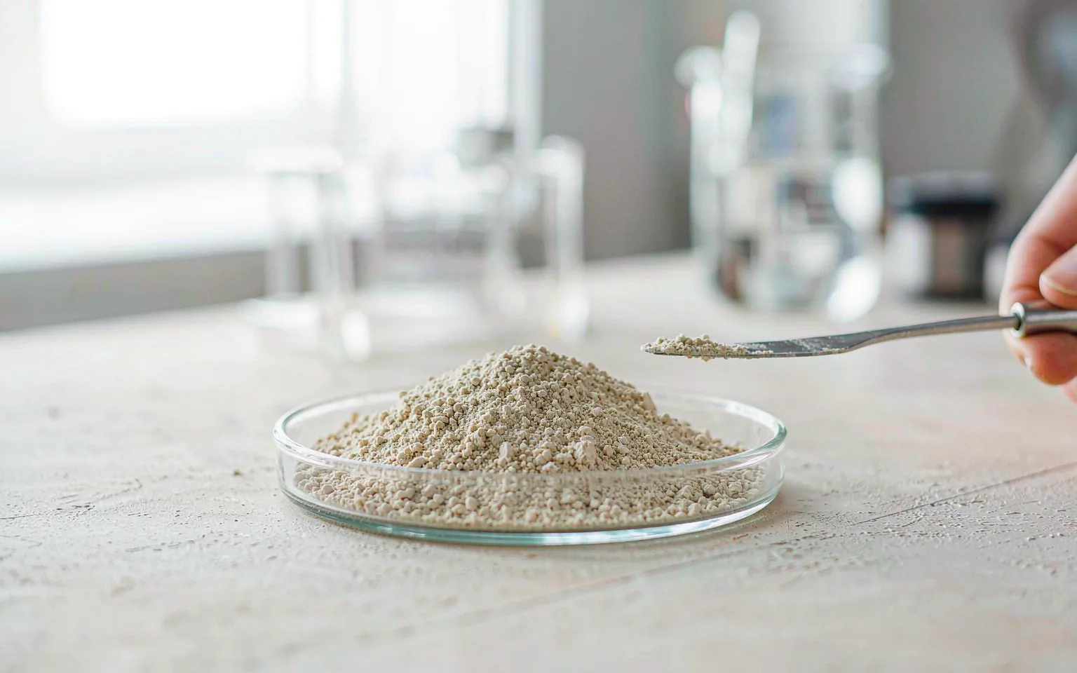 Close-up of 80% yeast protein powder in a glass dish with a laboratory spatula