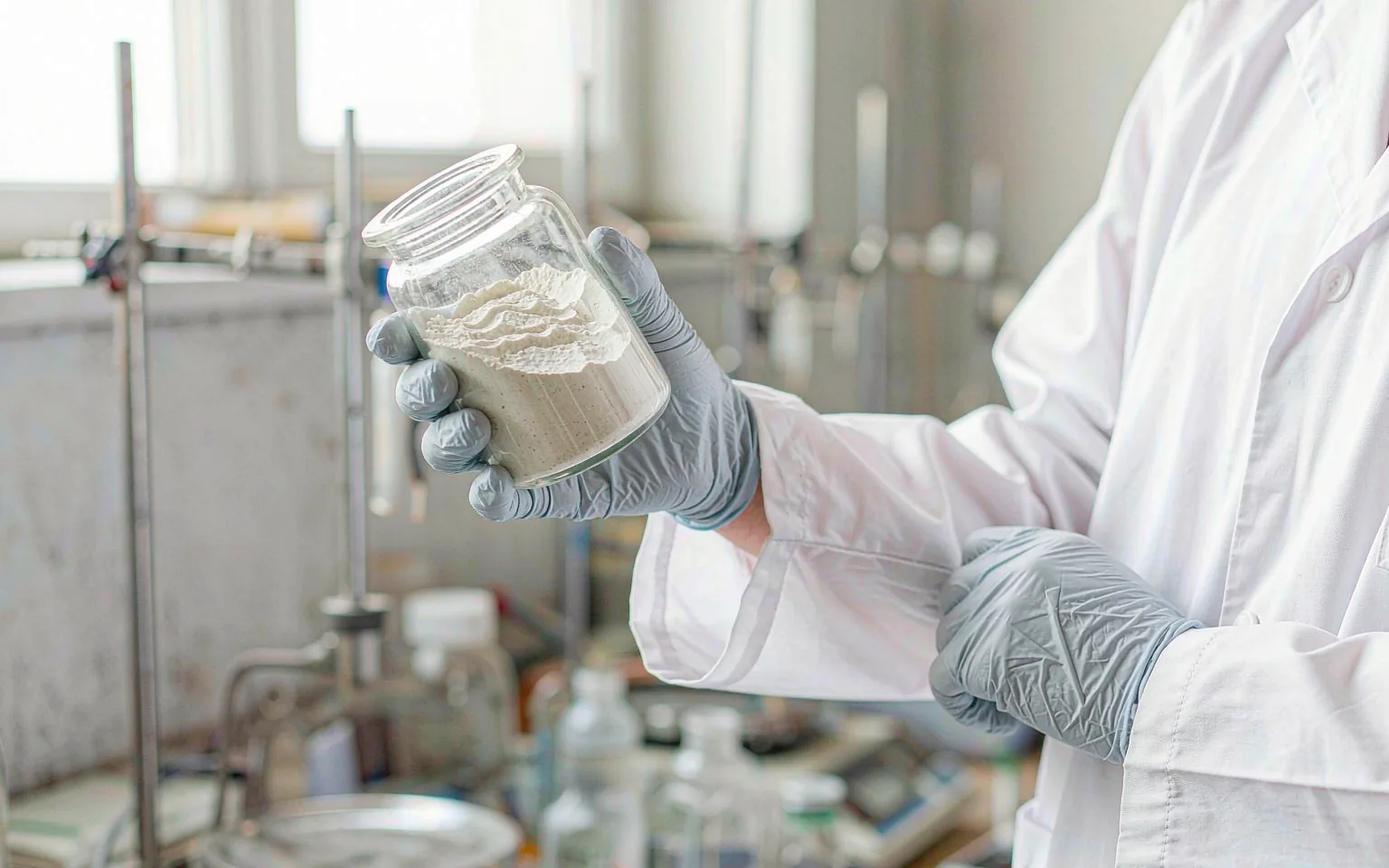 Quality-control technician holding a glass jar of yeast protein powder up to the light in a laboratory